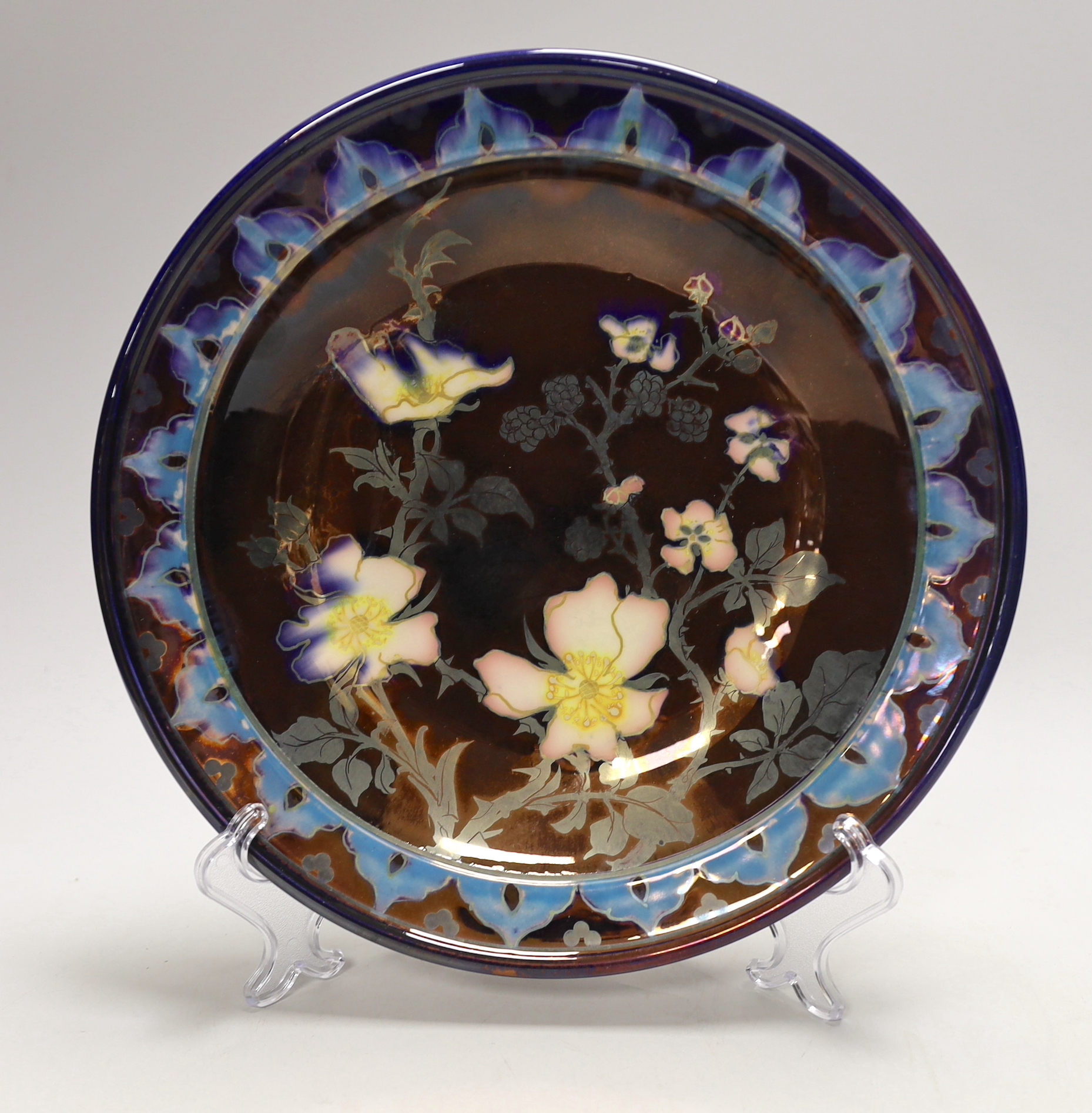 Jonathan Chiswell Jones and Kerry Bosworth - a lustre wall-plate with dog rose, No. 8401, 30cm.